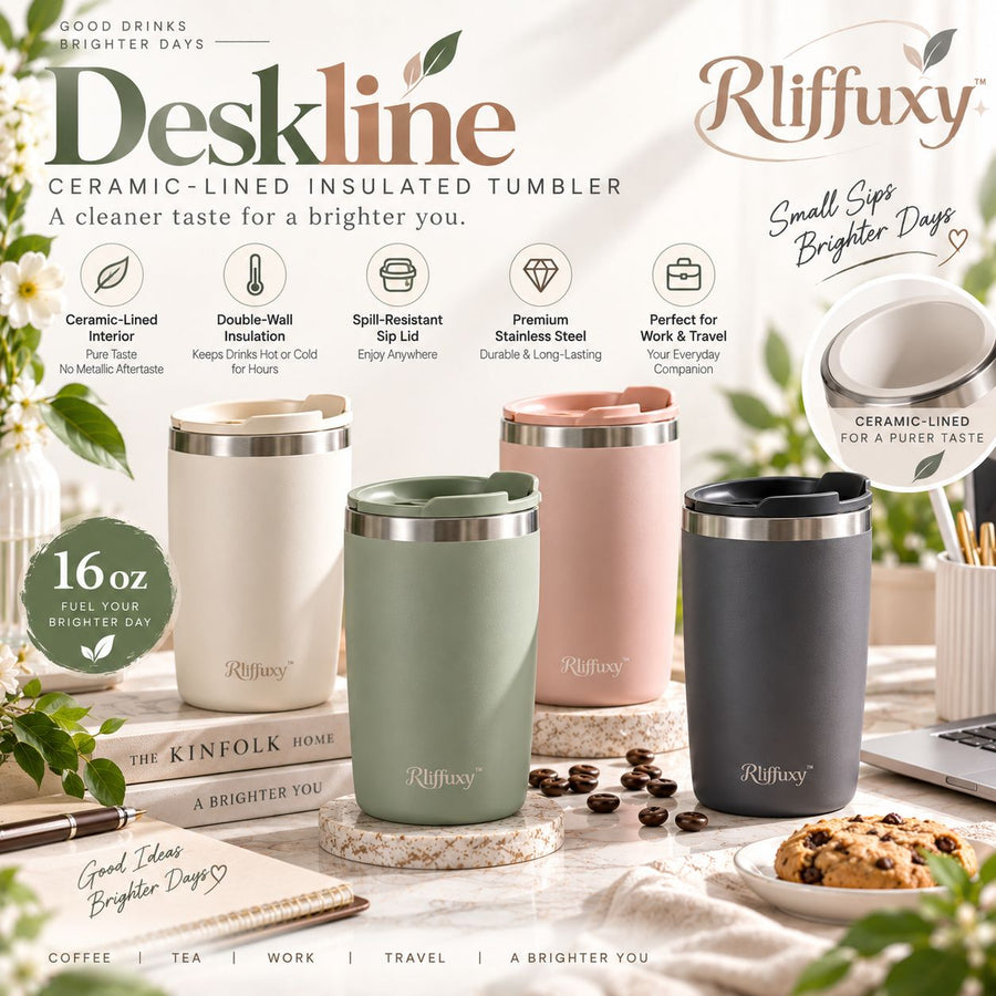 Rliffuxy™ Deskline 16 oz Ceramic-Lined Insulated Tumbler – Modern Office Coffee Cup with Sip Lid