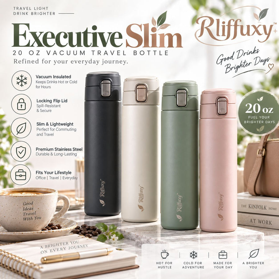 Rliffuxy™ Executive Slim 20 oz Vacuum Travel Bottle – Locking Flip-Lid Stainless Steel Coffee Thermos