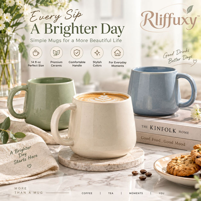 Rliffuxy™ Softline Ceramic Coffee Mug Set – 14 oz Modern Stoneware Coffee Cups, Rounded Handle Drinkware