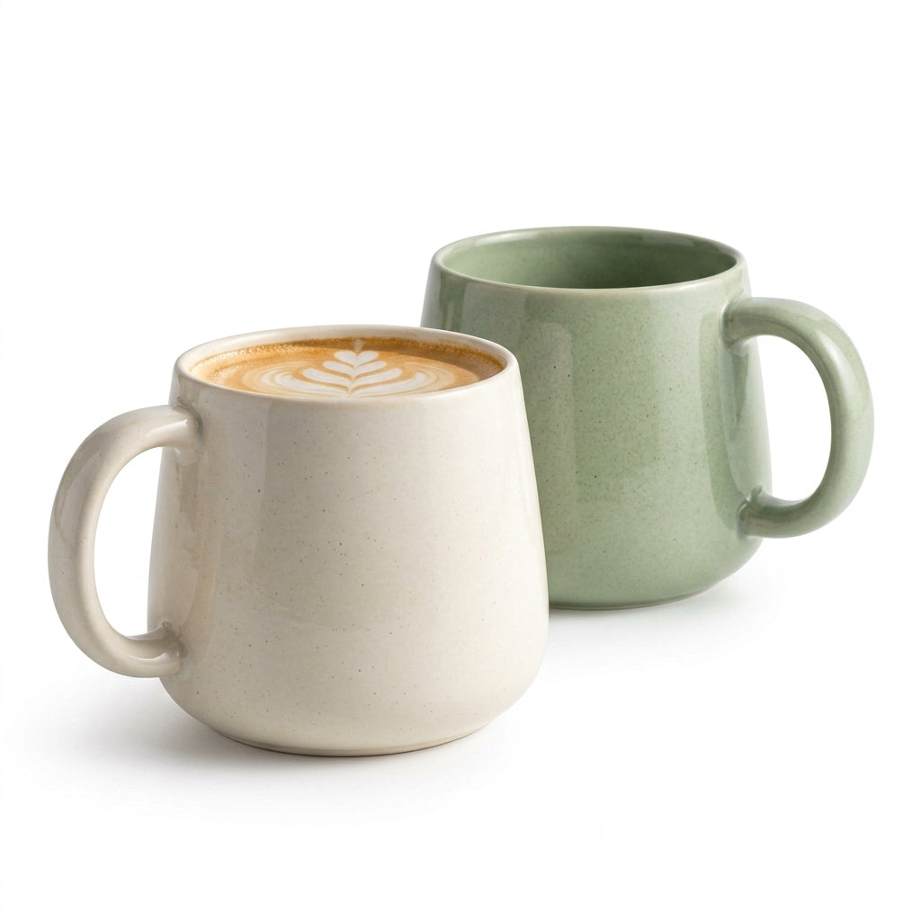 Rliffuxy™ Softline Ceramic Coffee Mug Set – 14 oz Modern Stoneware Coffee Cups, Rounded Handle Drinkware