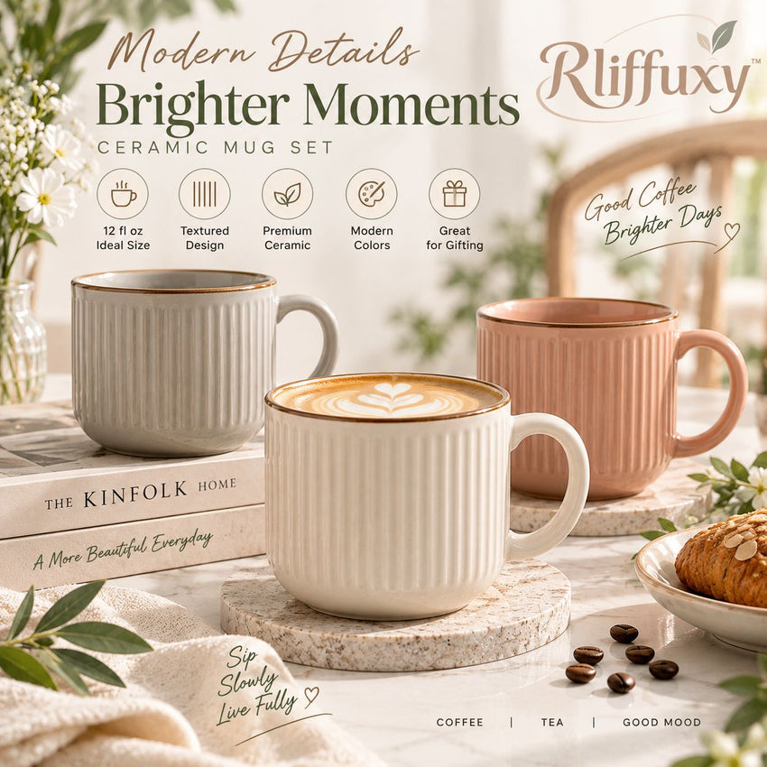 Rliffuxy™ Halo Rim Modern Mug Set – 12 oz Ribbed Ceramic Coffee Mugs, Contemporary Tea & Latte Cups