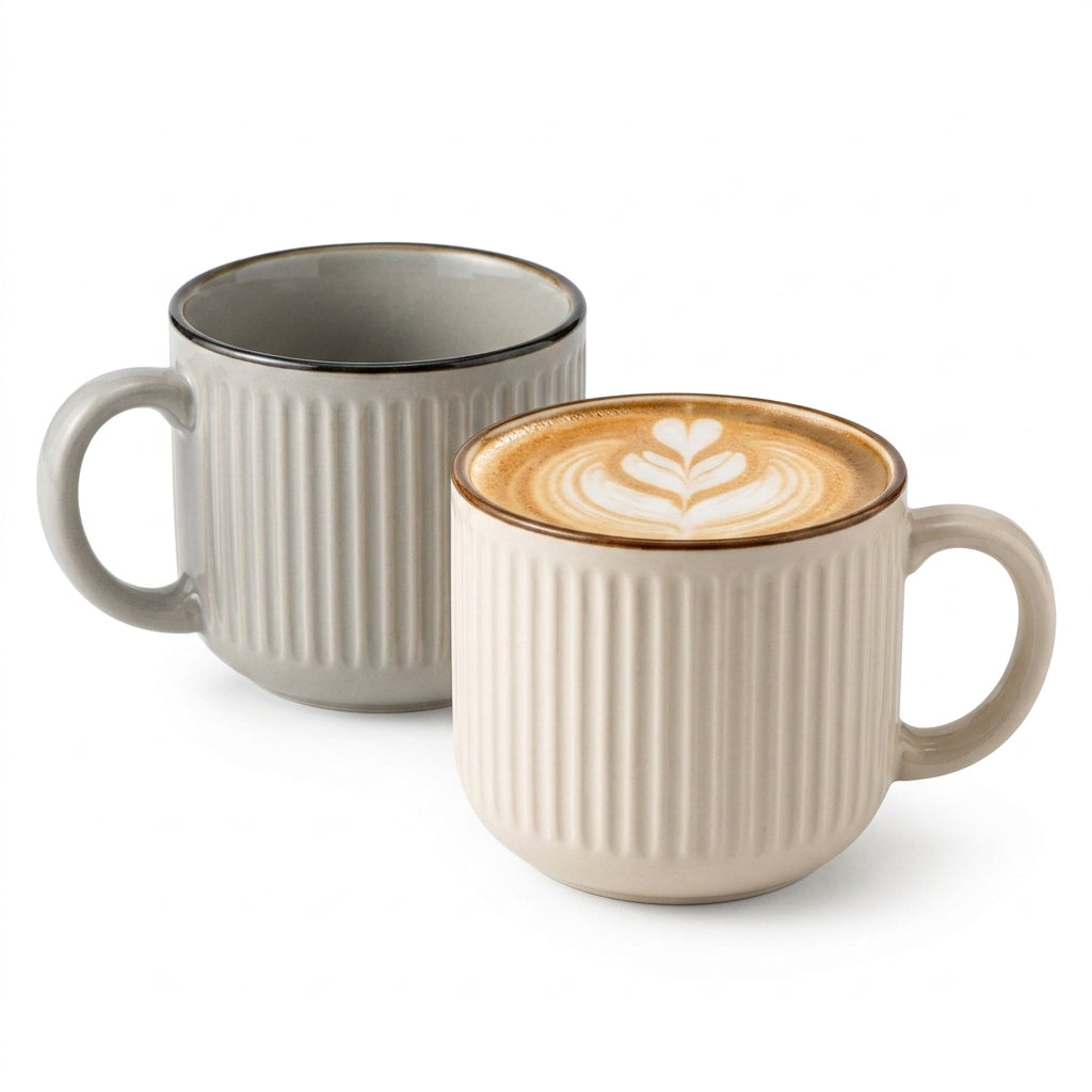 Rliffuxy™ Halo Rim Modern Mug Set – 12 oz Ribbed Ceramic Coffee Mugs, Contemporary Tea & Latte Cups