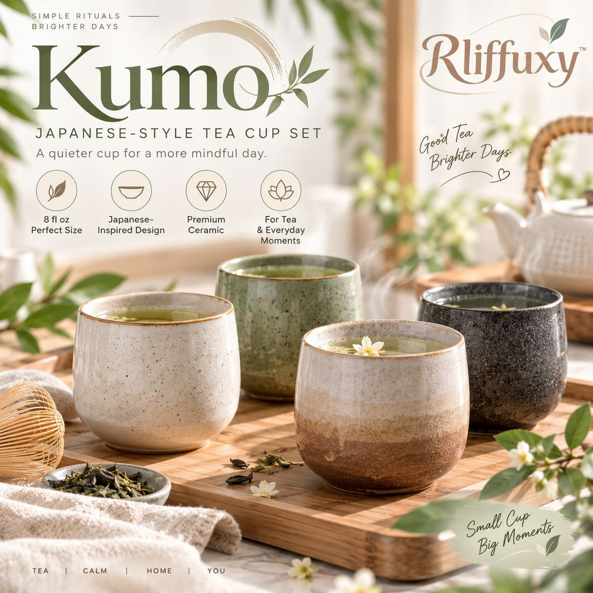 Rliffuxy™ Kumo Japanese-Style Tea Cup Set – 8 oz Handleless Ceramic Yunomi-Inspired Cups