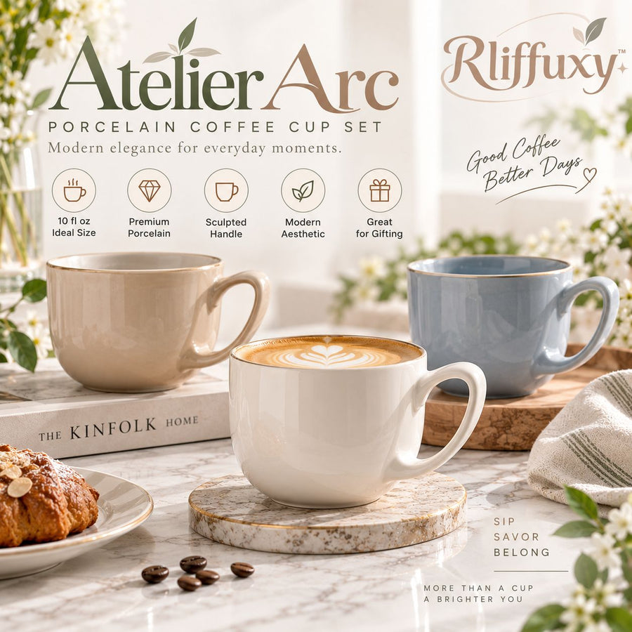 Rliffuxy™ Atelier Arc Porcelain Coffee Cup Set – 10 oz Sculpted Handle Café Cups, Modern Tea Drinkware