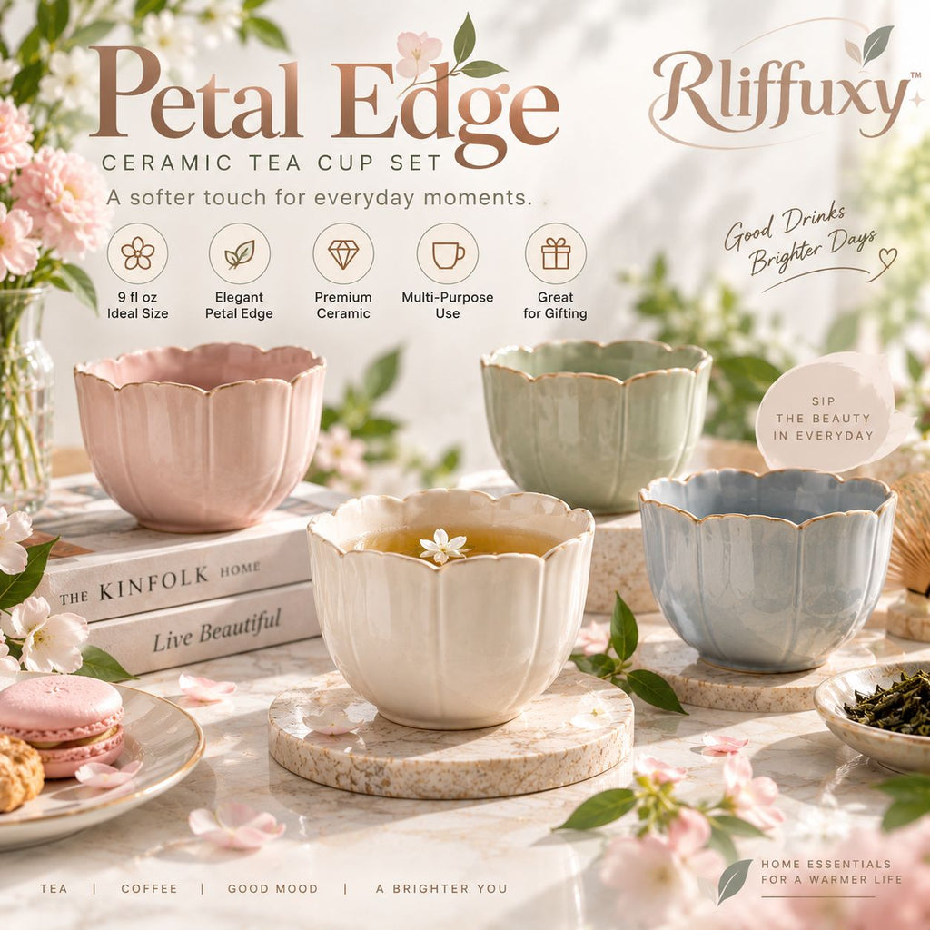 Rliffuxy™ Petal Edge Ceramic Tea Cup Set – 9 oz Scalloped Floral-Inspired Coffee & Tea Cups