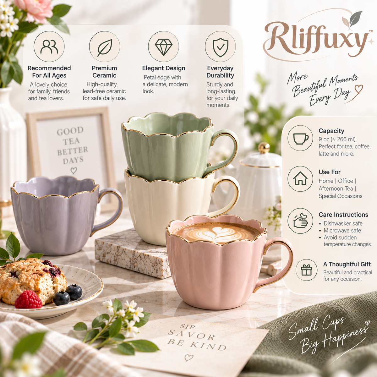 Rliffuxy™ Petal Edge Ceramic Tea Cup Set – 9 oz Scalloped Floral-Inspired Coffee & Tea Cups