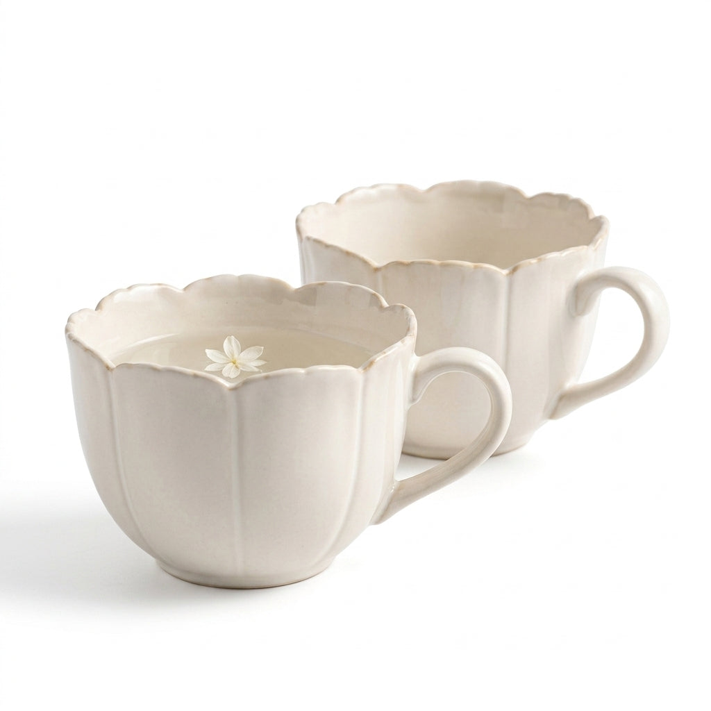 Rliffuxy™ Petal Edge Ceramic Tea Cup Set – 9 oz Scalloped Floral-Inspired Coffee & Tea Cups