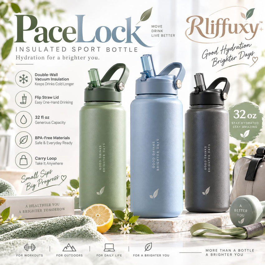 Rliffuxy™ PaceLock 32 oz Insulated Sport Bottle – Stainless Steel Flip Straw Water Bottle with Carry Loop