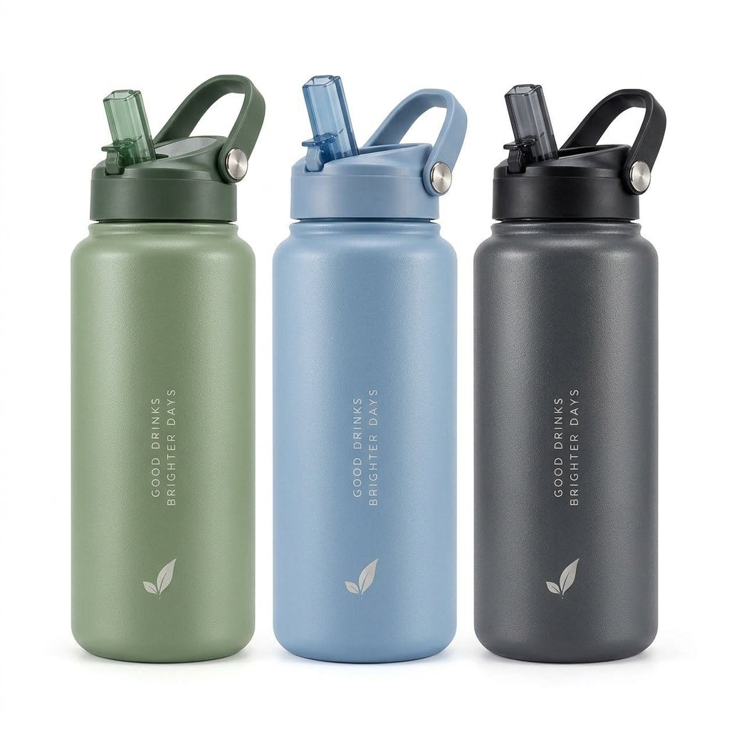 Rliffuxy™ PaceLock 32 oz Insulated Sport Bottle – Stainless Steel Flip Straw Water Bottle with Carry Loop