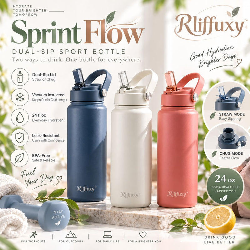 Rliffuxy™ SprintFlow 24 oz Dual-Sip Sport Bottle – Insulated Stainless Steel Straw & Chug Water Bottle