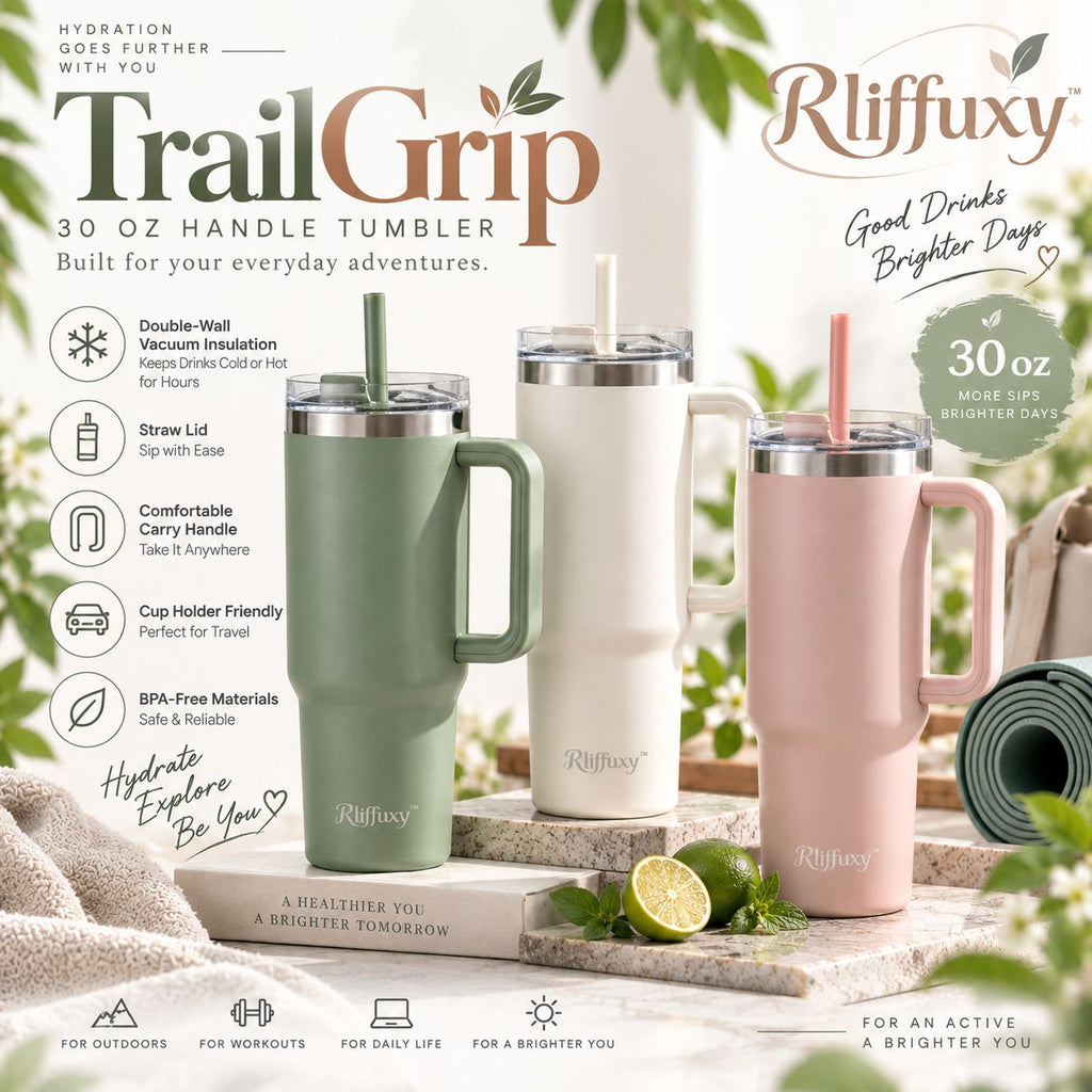 Rliffuxy™ TrailGrip 30 oz Handle Tumbler – Insulated Stainless Steel Straw Cup, Cup-Holder Friendly Hydration Tumbler