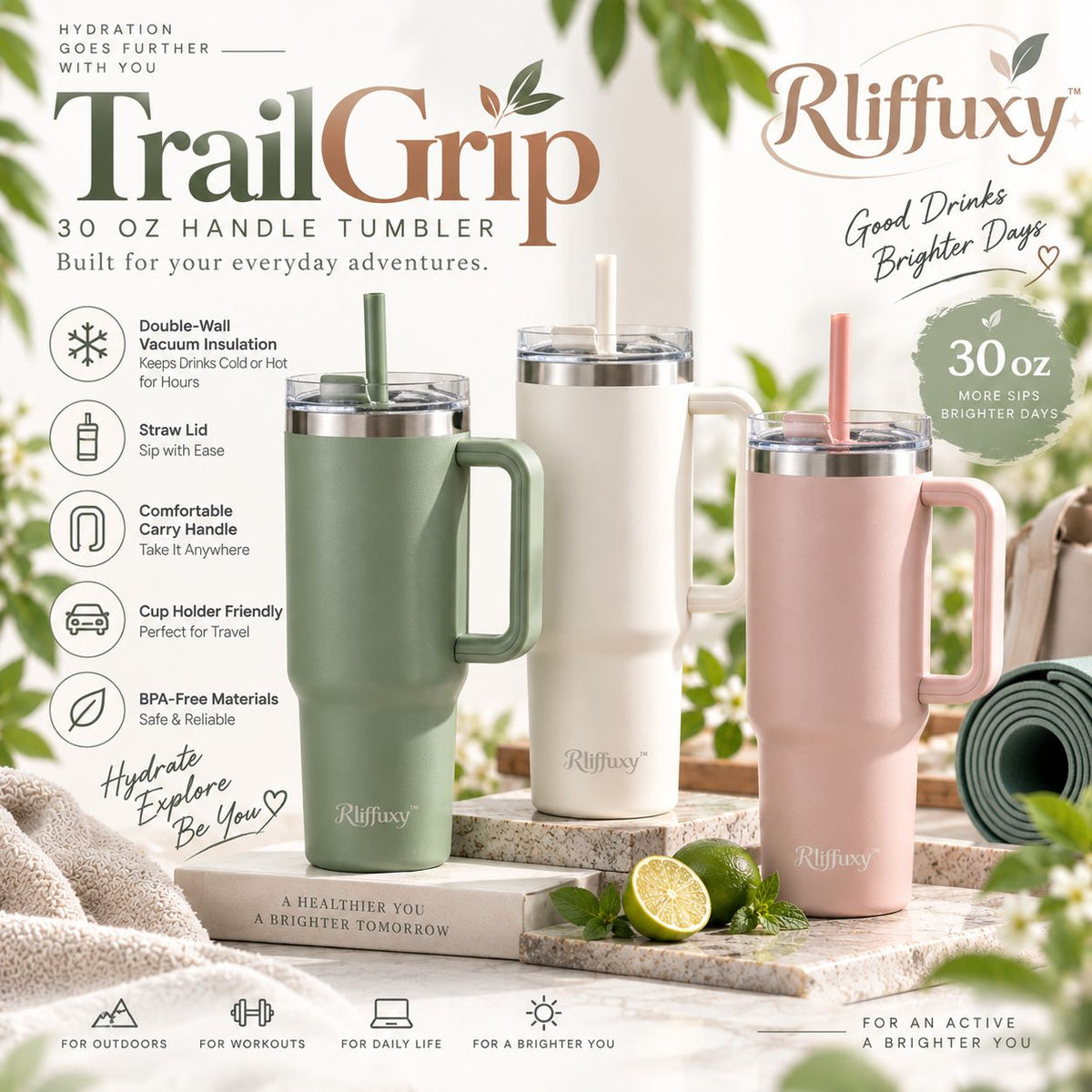 Rliffuxy™ TrailGrip 30 oz Handle Tumbler – Insulated Stainless Steel Straw Cup, Cup-Holder Friendly Hydration Tumbler