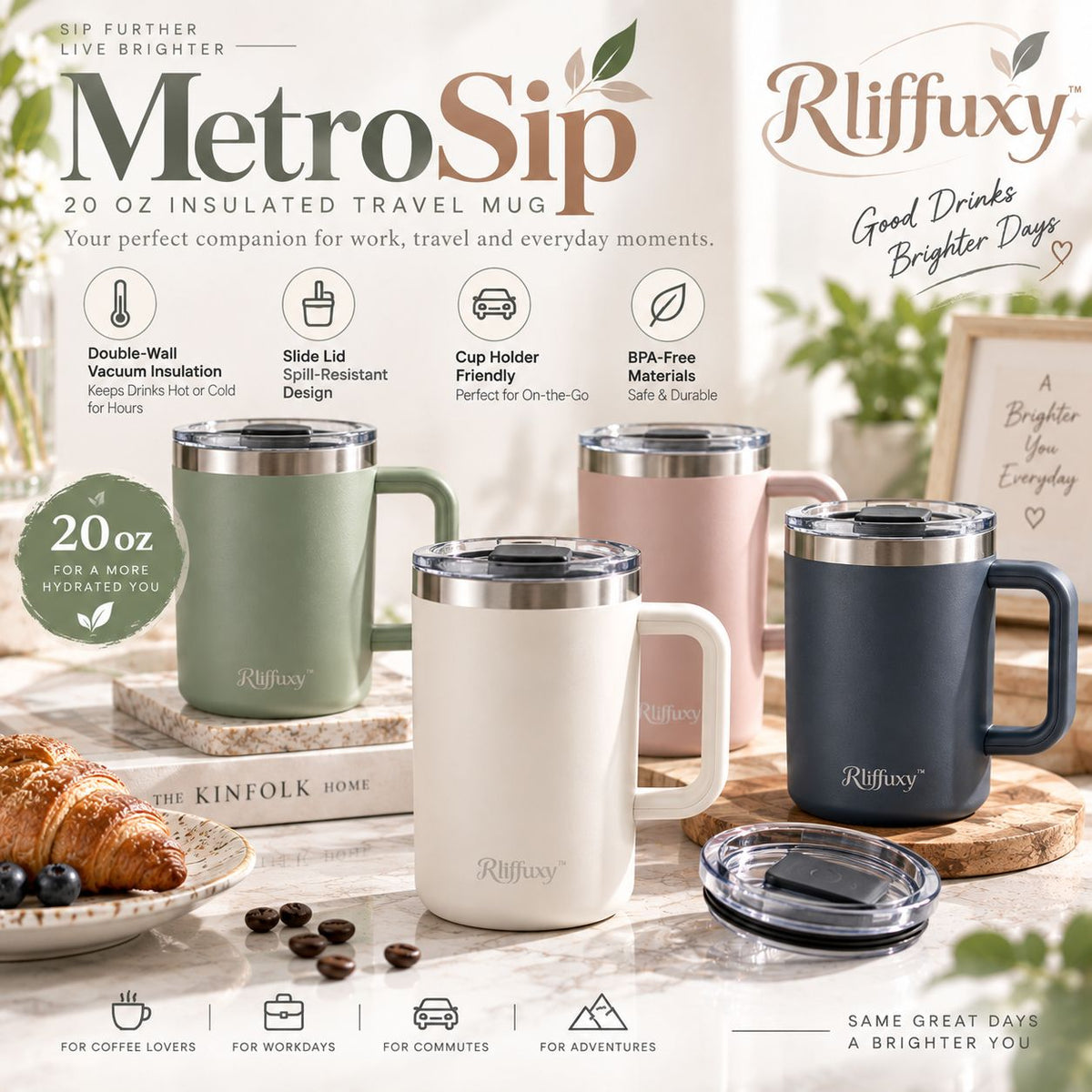 Rliffuxy™ MetroSip 20 oz Insulated Travel Mug – Stainless Steel Coffee Tumbler with Handle & Slide Lid